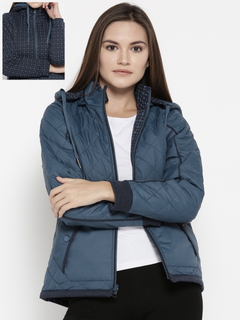 

Monte Carlo Women Blue Reversible Quilted Jacket with Detachable Hood