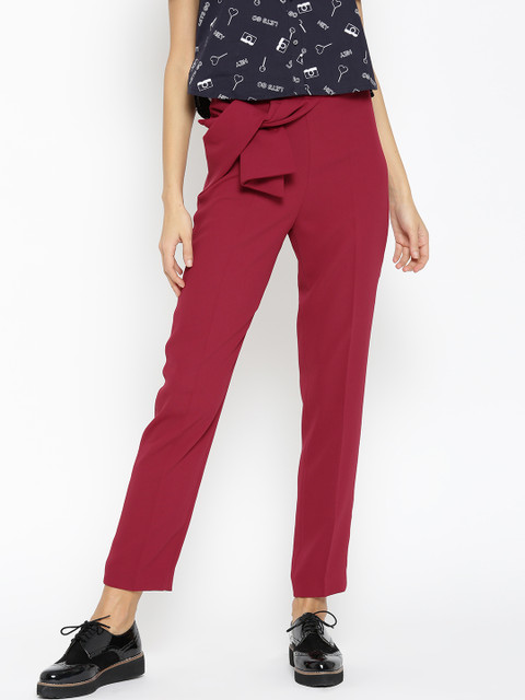 

MANGO Women Magenta Solid Trousers with Knot Detail