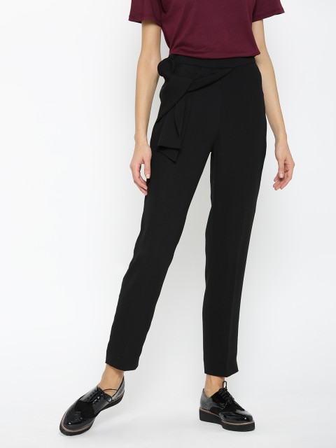 

MANGO Women Black Regular Fit Solid Regular Trousers with Tie-Up Detail