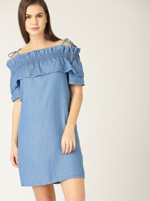 

MANGO Women Blue Chambray Solid Shift Dress