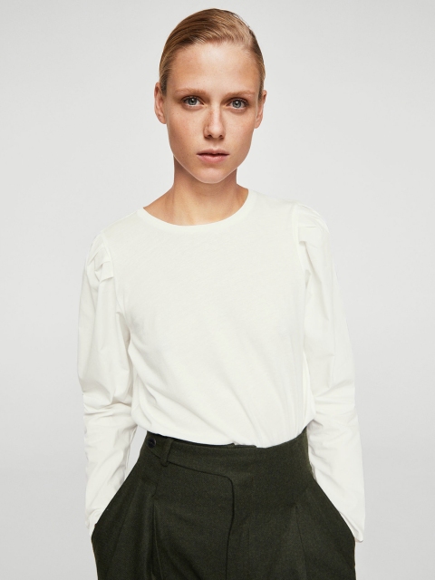 

MANGO Women White Solid Top with Puff Sleeves