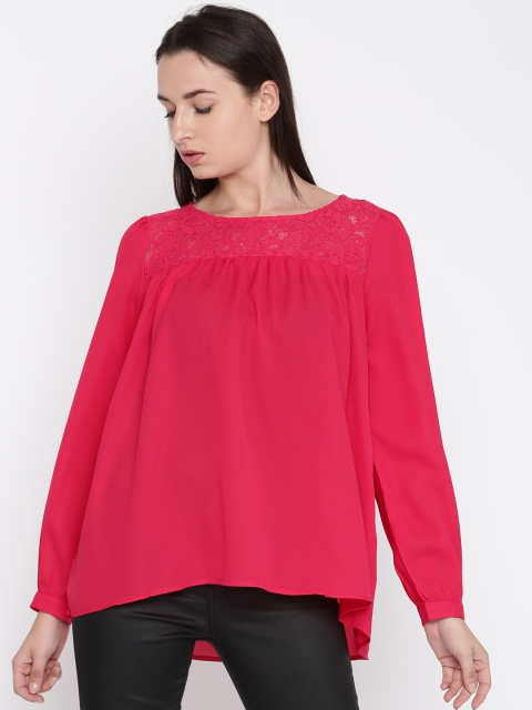 

French Connection Women Pink Solid Lace Top