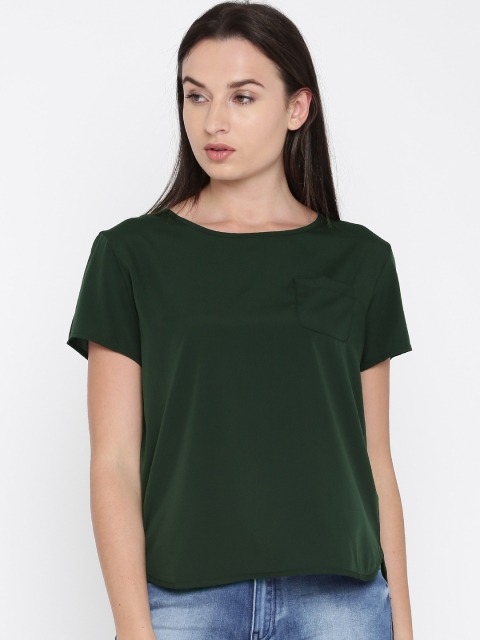 

French Connection Women Olive Green Solid High-Low Top
