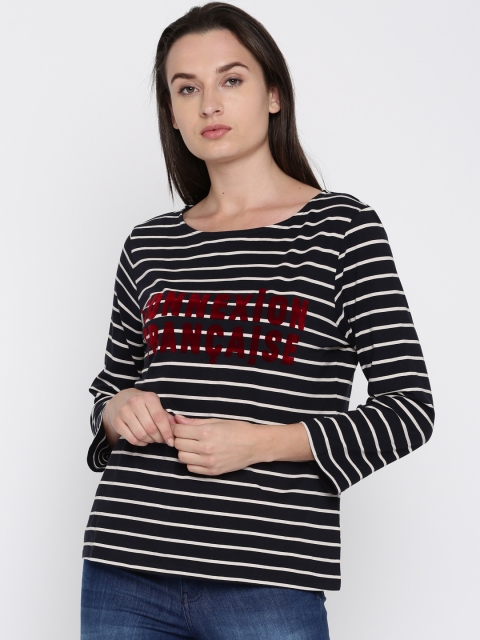 

French Connection Women Navy & Off-White Striped T-shirt, Navy blue