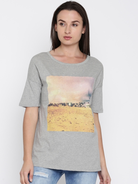 

French Connection Women Grey Melange Printed T-shirt