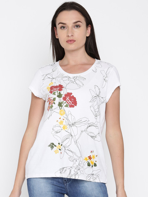 

French Connection Women White Printed Round Neck T-shirt