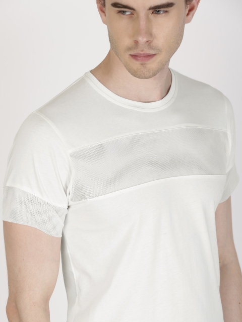 

ether Men White Solid Round Neck T-shirt with Mesh Detail