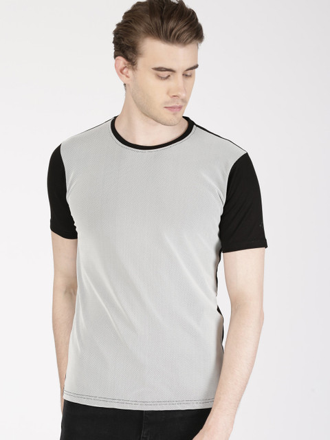 

ether Men Black & White Round Neck T-shirt with Mesh Detail
