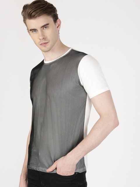 

ether Men Black & white Solid Round Neck T-shirt with Mesh Detail