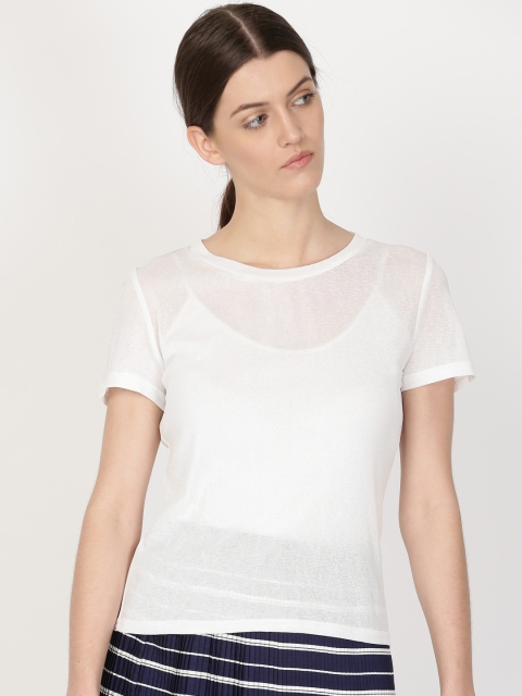 

ether Women White Solid Round Neck T-shirt