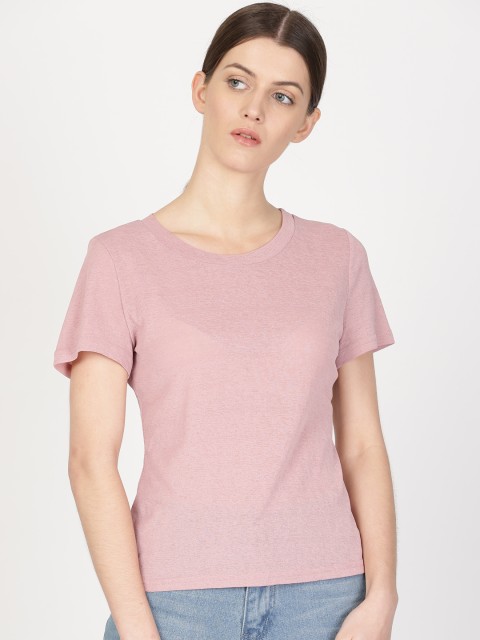 

ether Women Rust Pink Solid Round Neck T-shirt