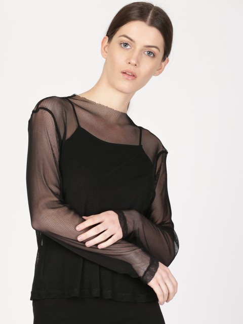 

ether Women Black Self-Design Sheer Top