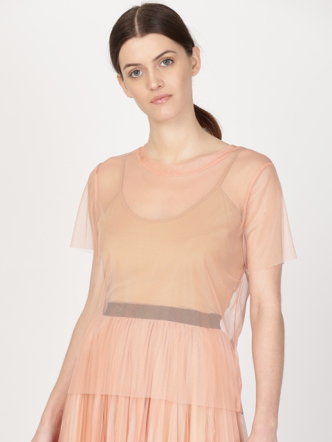 

ether Women Peach-Coloured Solid Round Neck Mesh T-shirt
