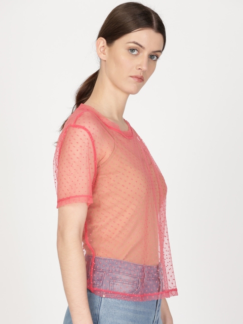 

ether Women Coral Pink Self-Design Mesh Top