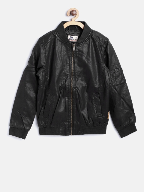 

Flying Machine Boys Black Solid Faux Leather Bomber Jacket