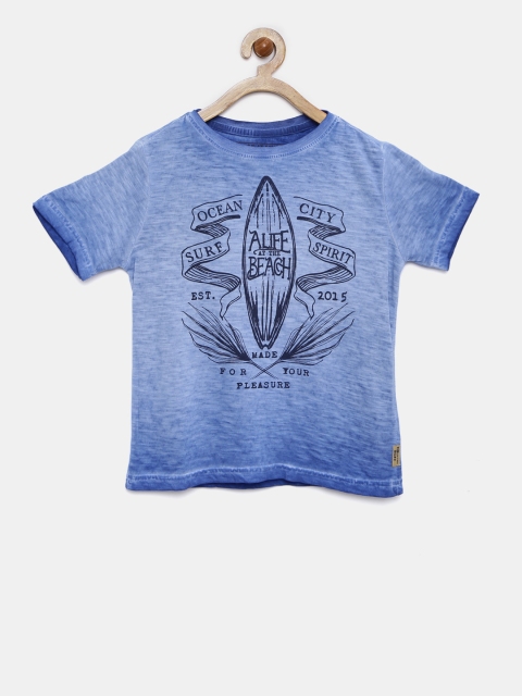 

Flying Machine Boys Blue Printed Round Neck Pure Cotton T-shirt