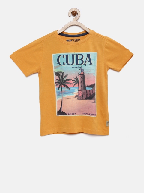 

Flying Machine Boys Mustard Yellow Printed Round Neck Pure Cotton T-shirt