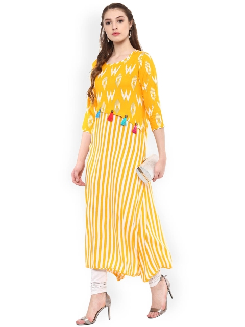 

La Firangi Women Yellow & White Striped Straight Asymmetric Kurta