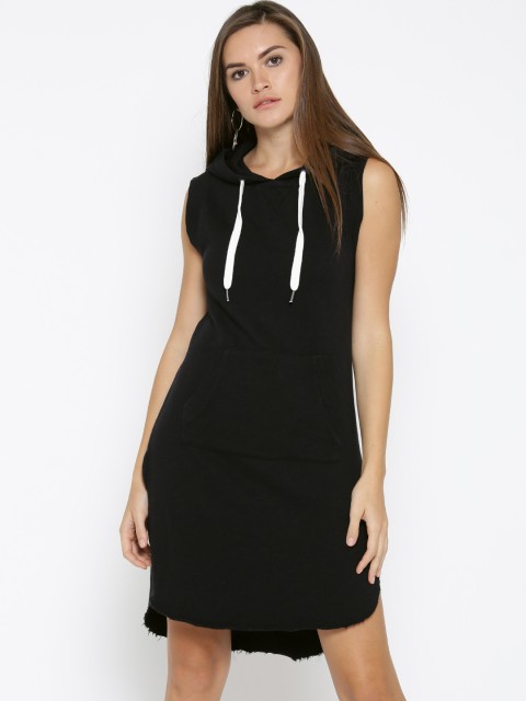 

FOREVER 21 Women Black Solid Hooded T-shirt Dress