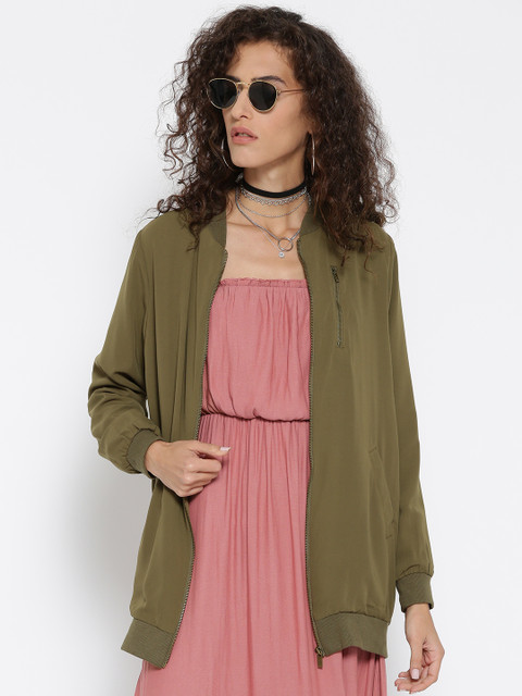 

FOREVER 21 Women Olive Green Solid Bomber Jacket