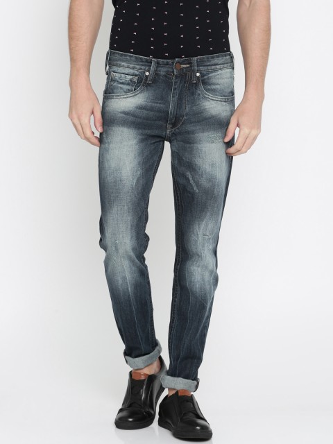 

HERE&NOW Men Navy Blue Slim Fit Mid-Rise Low Distress Jeans