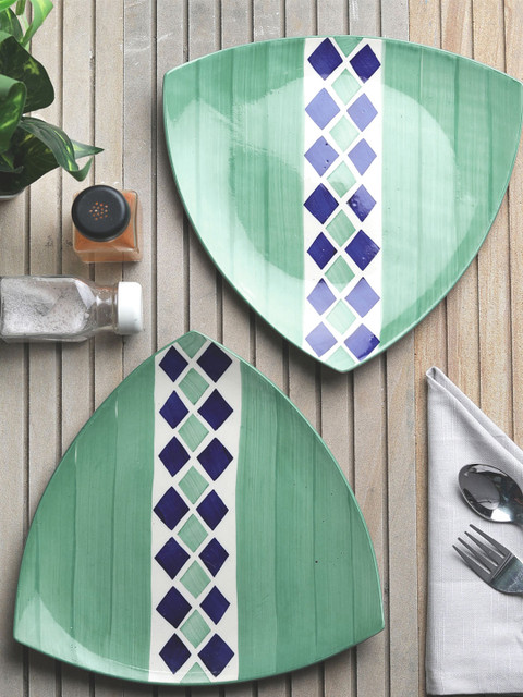 

VarEesha Green & Blue 2 Pieces Stoneware Printed Small Plate Set