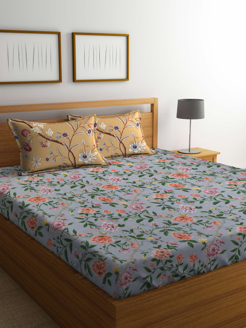 

Portico New York Grey & Brown Floral Flat 220 TC Cotton 1 King Bedsheet with 2 Pillow Covers