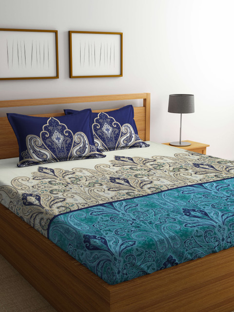 

Portico New York Beige & Navy Blue Ethnic Motifs Flat 220 TC Cotton 1 King Bedsheet with 2 Pillow Covers