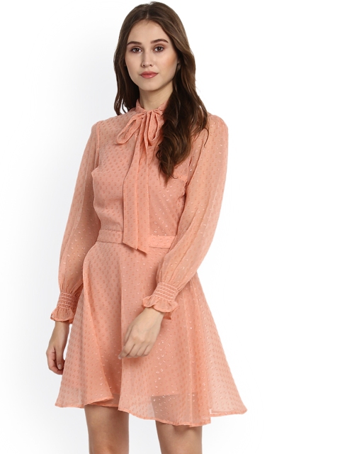 

Kazo Women Peach-Coloured Solid Fit and Flare Dress