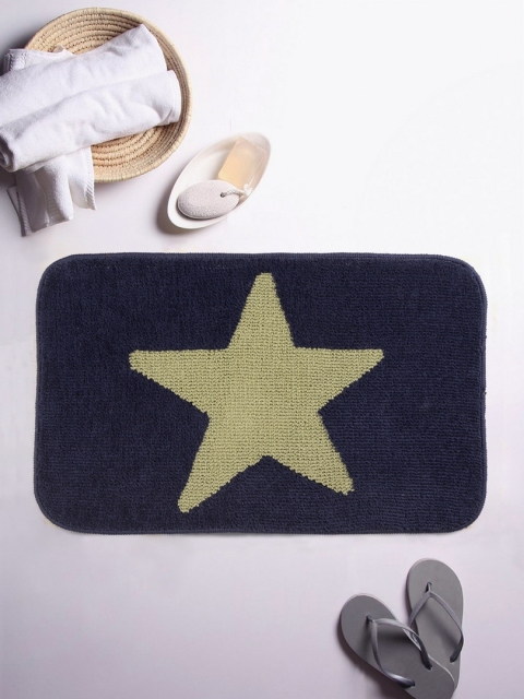 

ROMEE Navy Blue & Beige Patterned Rectangular Printed Bath Rug