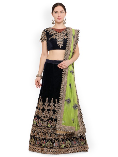 

RIYA Navy Blue & Green Embroidered Semi-Stitched Lehenga & Unstitched Blouse with Dupatta