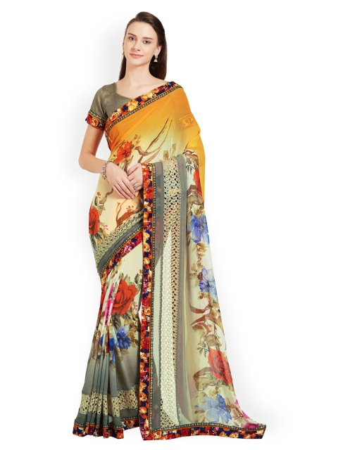 

Indian Women Orange & Grey Pure Georgette Printed Saree