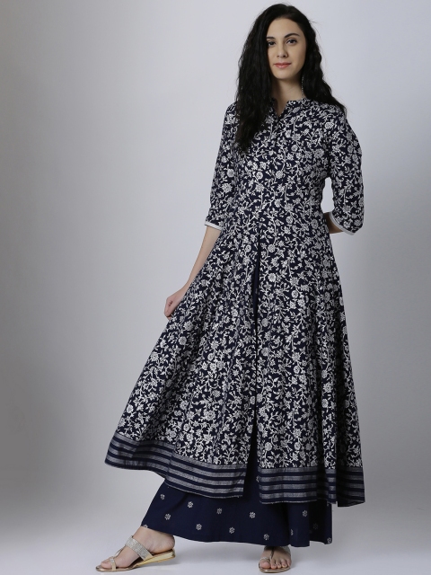 

Vishudh Women Navy Blue & Silver-Toned Printed Kurta With Pallazo