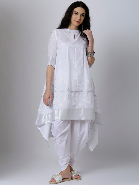 

Vishudh Women White & Silver Printed A-Line Kurta