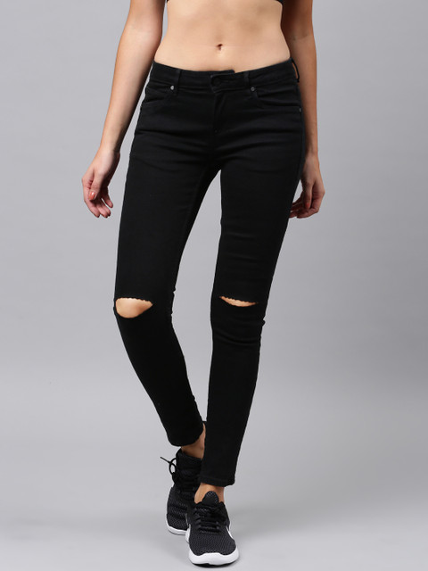 

HRX by Hrithik Roshan Women Black Skinny Fit Mid-Rise Slash Knee Stretchable Jeans