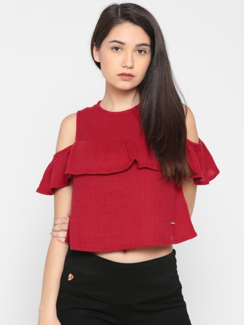 

Pepe Jeans Women Red Solid Crop Pure Cotton Top