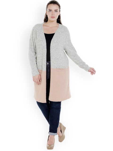 

JUNAROSE Plus Size Grey Melange Peach Colourblocked Open Front Shrug
