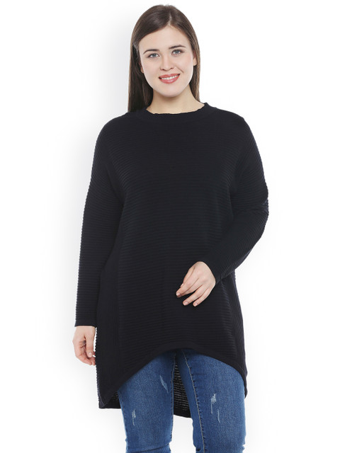 

JUNAROSE Plus Size Women Black Solid Long-Line High-Low Top