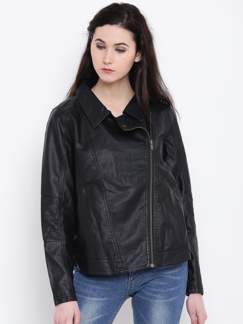 

JUNAROSE Plus Size Women Black Solid Asymmetric Closure Biker Jacket