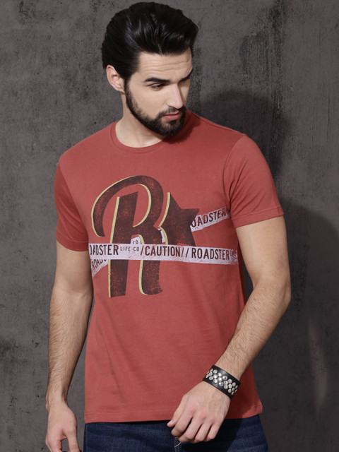 

Roadster Men Rust Red Printed Round Neck T-shirt