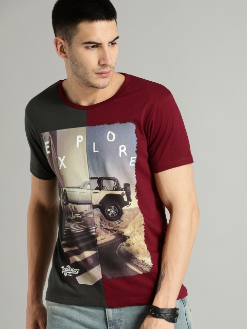 

Roadster Time Travlr Men Maroon & Charcoal Grey Printed Round Neck T-shirt