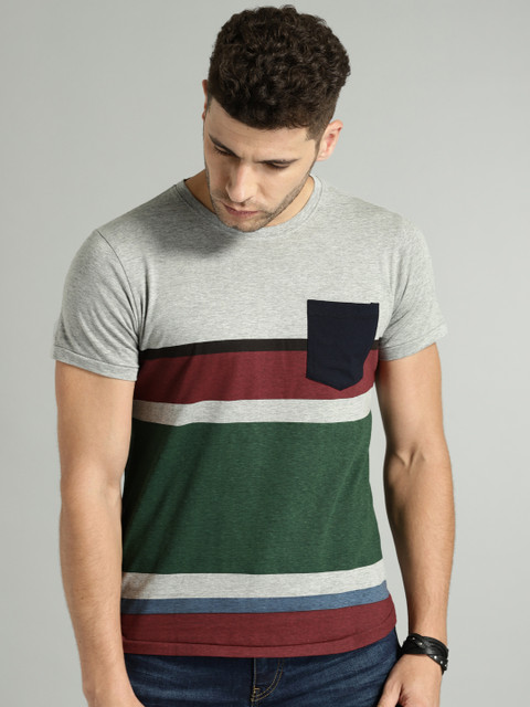 

Roadster Men Grey Melange & Green Striped Round Neck T-shirt
