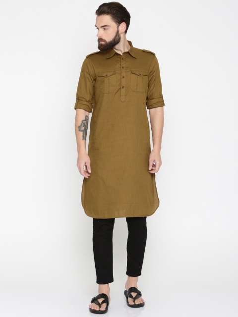 

Freehand Men Khaki Solid Pathani Kurta