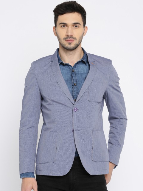 

The Indian Garage Co. Blue Striped Slim Fit Single-Breasted Casual Blazer