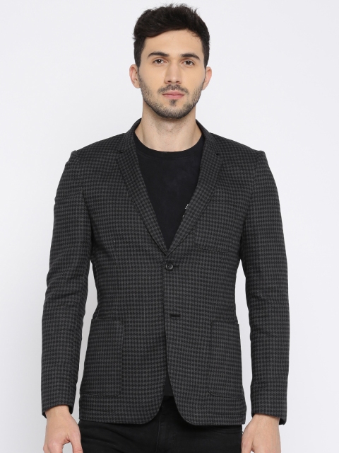 

The Indian Garage Co. Charcoal Grey & Black Woven Design Slim Fit Casual Blazer