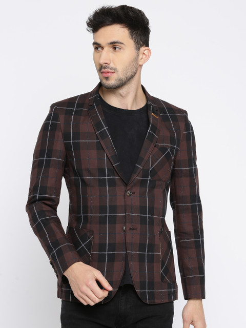

The Indian Garage Co Brown & Black Checked Slim Fit Single Breasted Casual Blazer