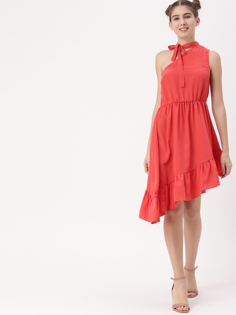 

DressBerry Women Coral Red Solid One-Shoulder Dress