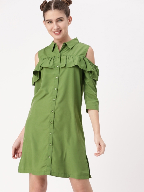

DressBerry Women Green Solid Cold-Shoulder Shirt Dress