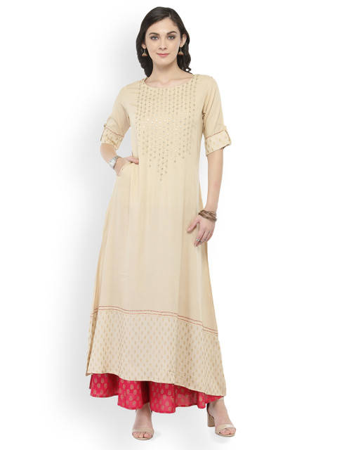 

Varanga Women Beige Embroidered A-Line Kurta