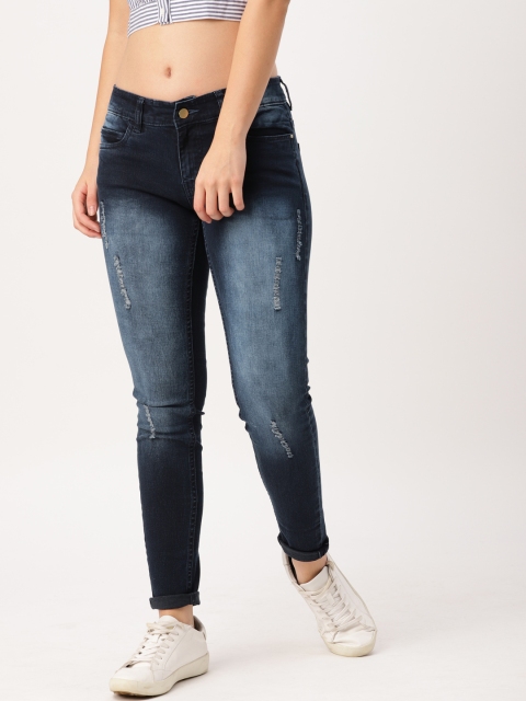 

DressBerry Women Navy Skinny Fit Mid-Rise Low Distress Stretchable Jeans, Navy blue